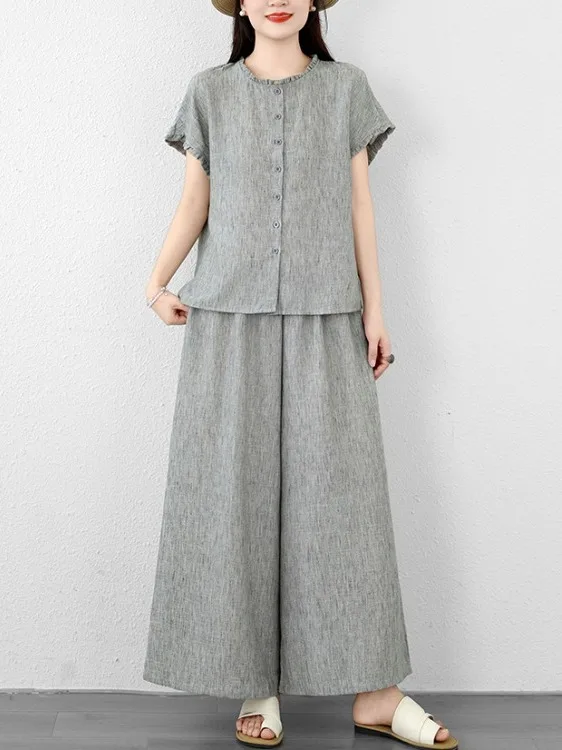 Summer New Fashionable Cotton Linen Set Single Button Earlet Collar Shirt Elastic Waist Wide Leg Pants Casual Two Piece Set W...
Summer New Fashionable Cotton Linen Set Single Button Earlet Collar Shirt Elastic Waist Wide Leg Pants Casual Two Piece Set W...