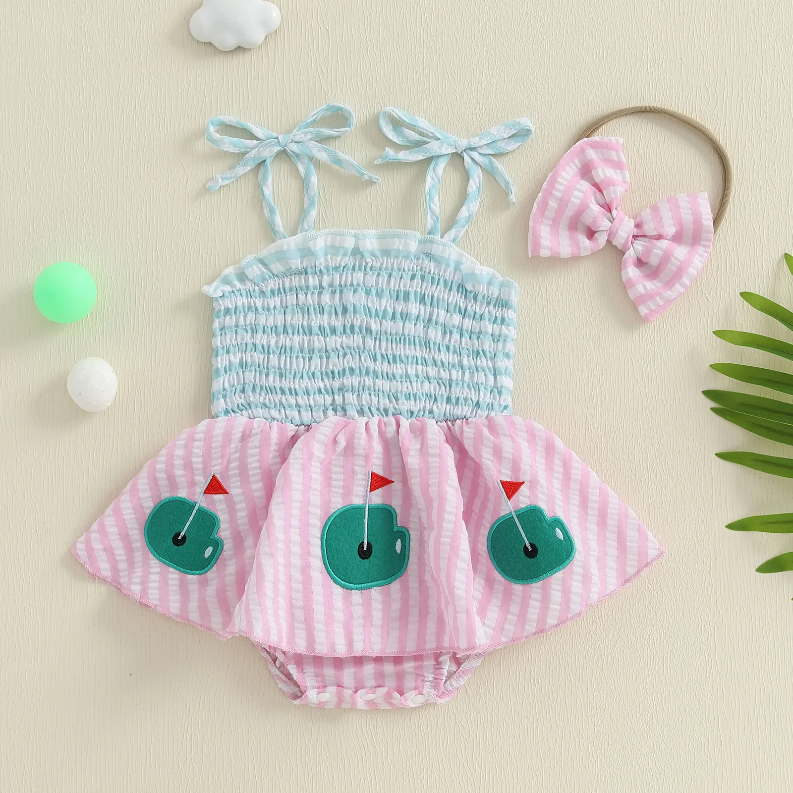 Baby Girl Golf Outfit Striped Smocked Tie Shoulder Romper Dress Bow Headband 2 Piece Summer Set for 0-18 Months
Baby Girl Golf Outfit Striped Smocked Tie Shoulder Romper Dress Bow Headband 2 Piece Summer Set for 0-18 Months