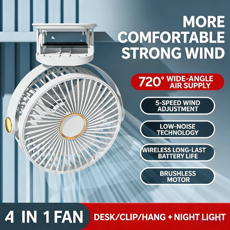 Multi Function 4 in 1 Mini Clip Fan Wireless Rechargeable 5 Speed Strong Wind 720° Rotation Quiet Fan with Night Light Office
Multi Function 4 in 1 Mini Clip Fan Wireless Rechargeable 5 Speed Strong Wind 720° Rotation Quiet Fan with Night Light Office