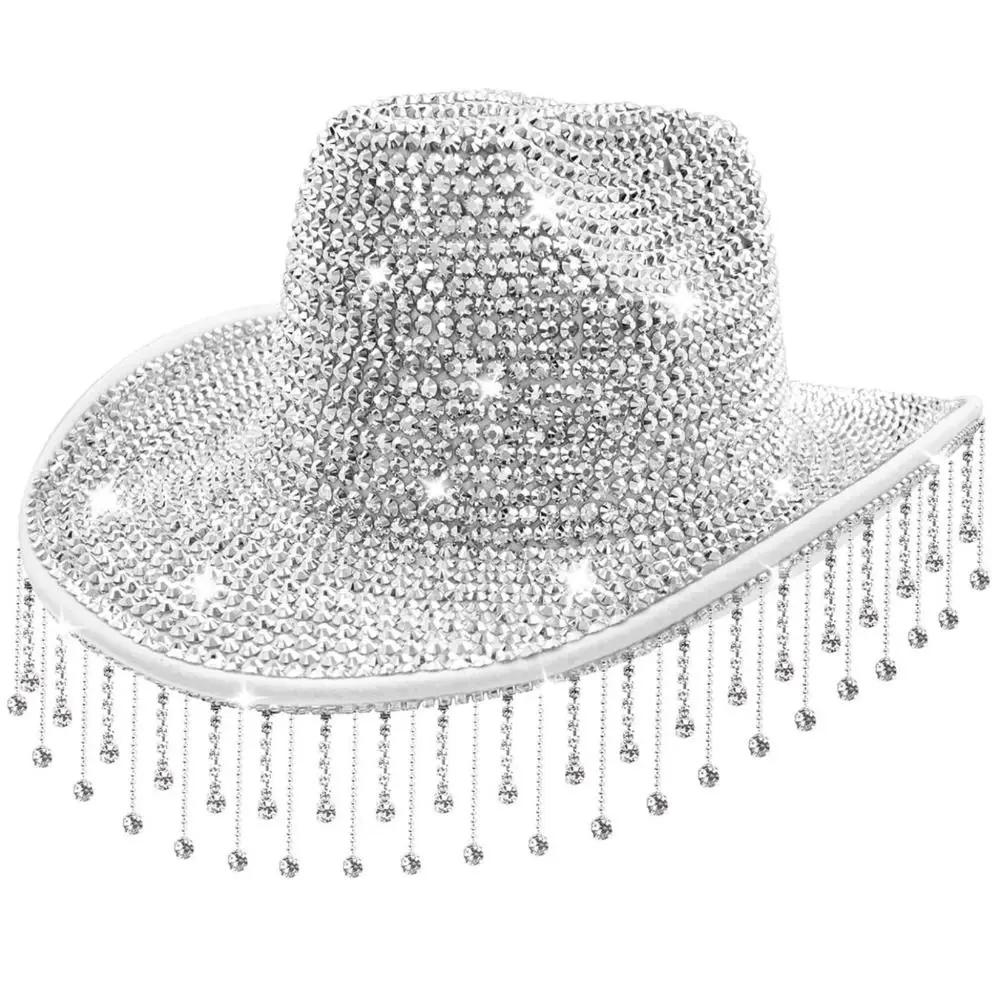 Sun Protection Rhinestone Cowboy Hat Tassel Decoration Adjustable Strap Silver Cowboy Hat Silver Color Bride Cowgirl Hat
Sun Protection Rhinestone Cowboy Hat Tassel Decoration Adjustable Strap Silver Cowboy Hat Silver Color Bride Cowgirl Hat