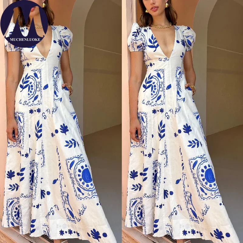 Elegant Womens Dresses 2025 Summer New Printed Low Cut Chest V Neck Puff Sleeve Dress Fashionable Slim Fit High Waisted Dresses
Elegant Womens Dresses 2025 Summer New Printed Low Cut Chest V Neck Puff Sleeve Dress Fashionable Slim Fit High Waisted Dresses