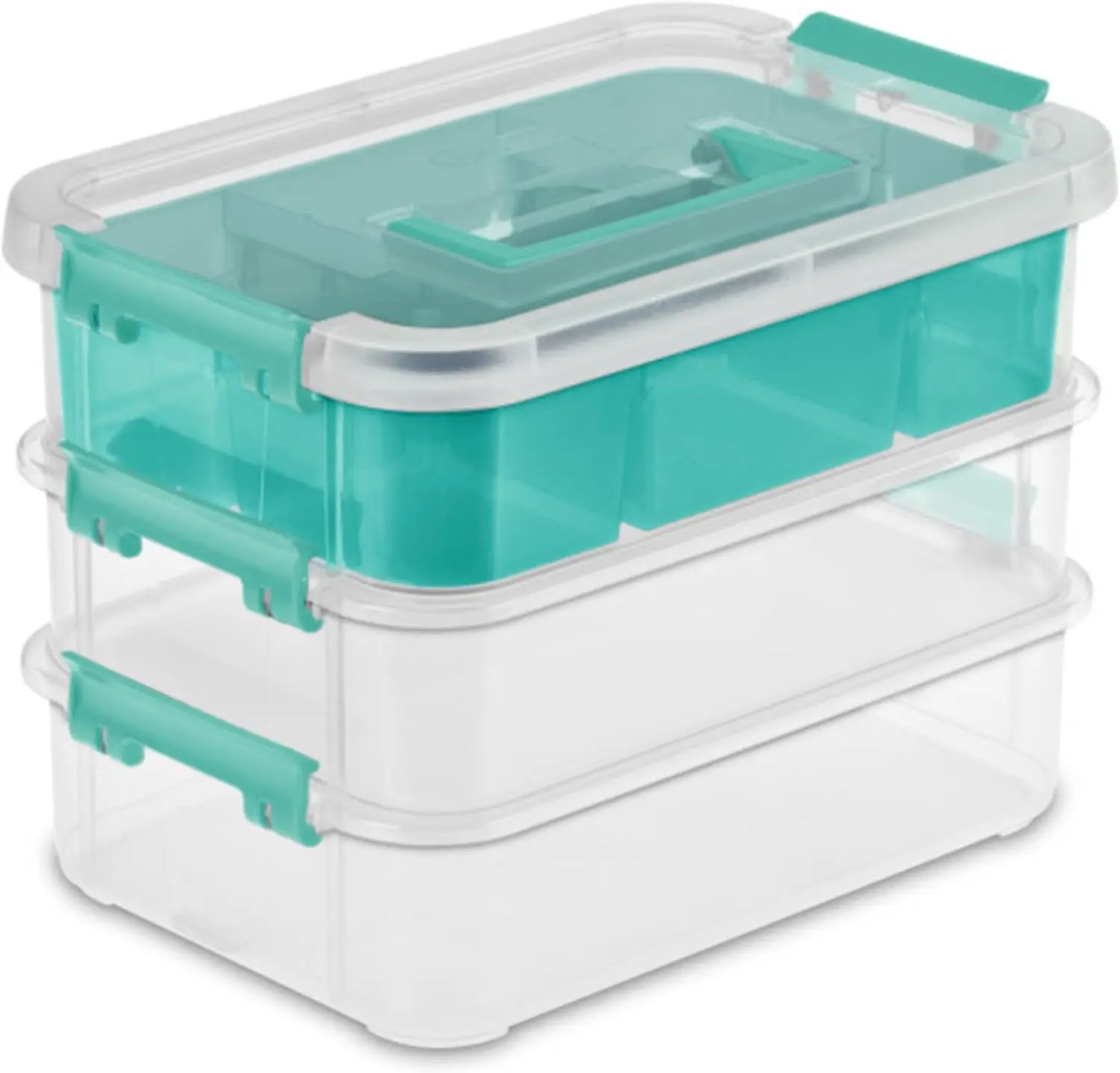 24 Pack Plastic Storage Box Container, 3 Layer, Stack and Carry, Clear/Blue