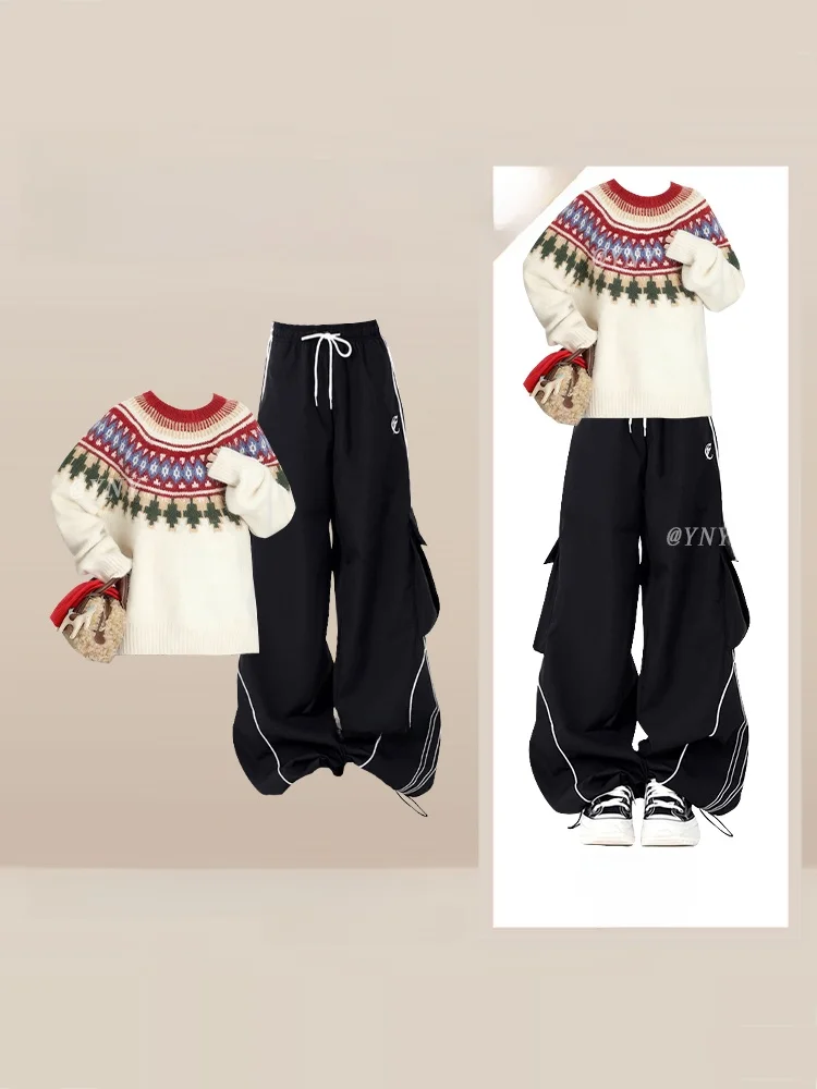 Retro Spor Geometric Pattern Sweater Wide Leg Pants Set Women Winter Faionable Agel Versatile Two Piece Set round Ne...
Retro Spor Geometric Pattern Sweater Wide Leg Pants Set Women Winter Faionable Agel Versatile Two Piece Set round Ne...