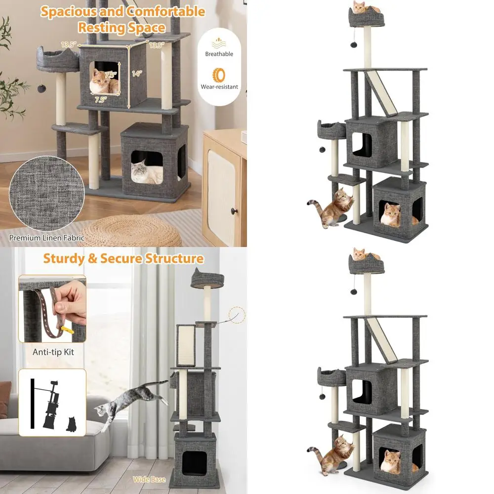 71 High Modern Cat Tower with Multi-Level Platforms, Scratching Posts, 2 Condos, Top Perch, Sisal Ramp, 2 Plush Toys, Grey
71 High Modern Cat Tower with Multi-Level Platforms, Scratching Posts, 2 Condos, Top Perch, Sisal Ramp, 2 Plush Toys, Grey