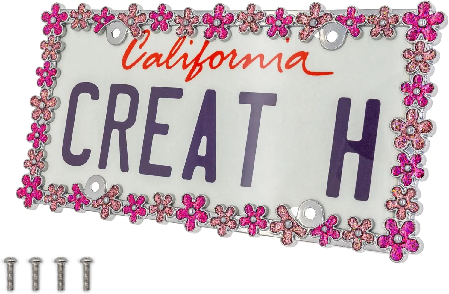 3D Shining Daisy Wreath License Plate Frame, Chrome with Pink Glitter, Pure Zinc Alloy Metal Holder
3D Shining Daisy Wreath License Plate Frame, Chrome with Pink Glitter, Pure Zinc Alloy Metal Holder