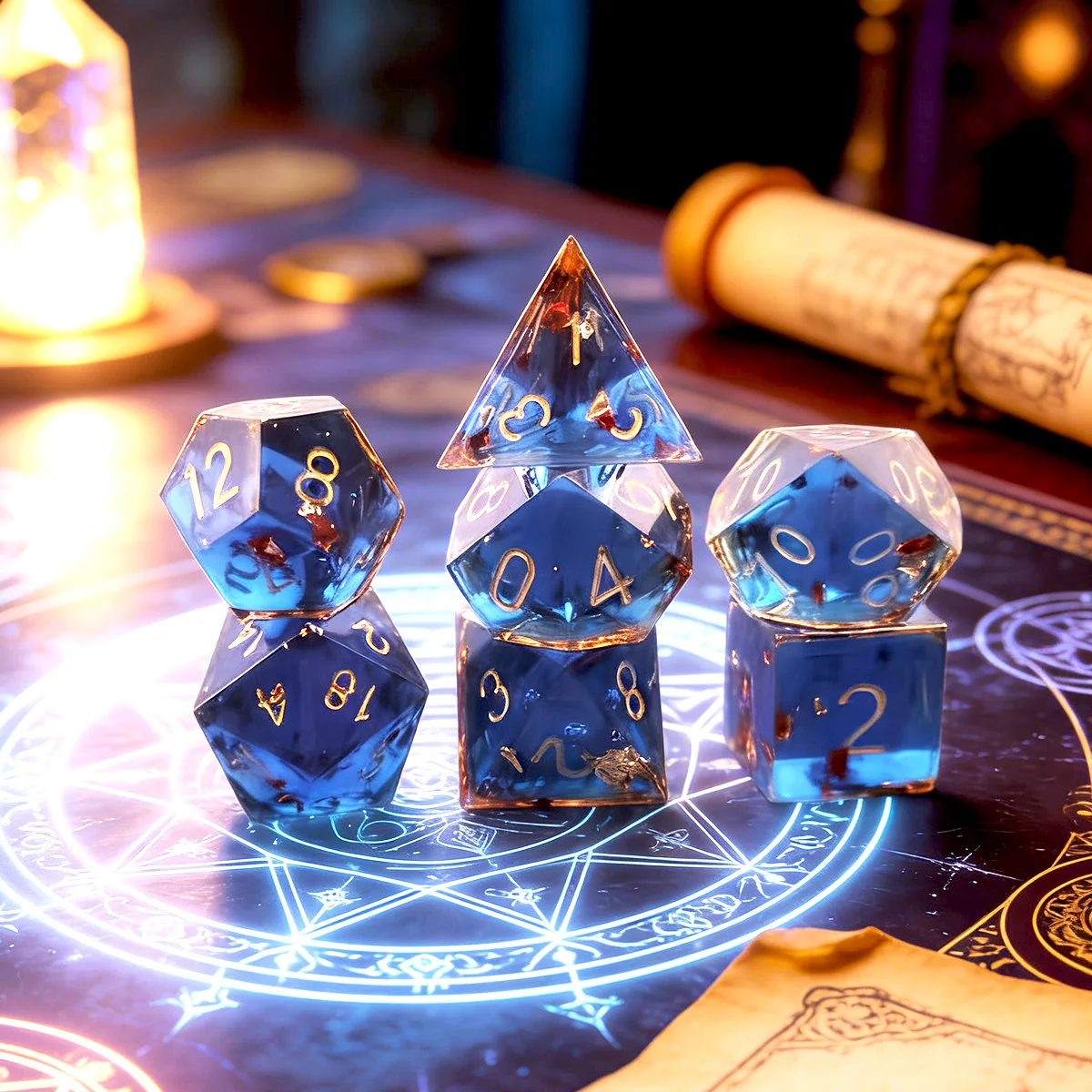 Blue Polyhedral DND Dice Set with Red Flakes, 7PCS Sharp Edge Resin Dice for Tabletop Role Playing Game
Blue Polyhedral DND Dice Set with Red Flakes, 7PCS Sharp Edge Resin Dice for Tabletop Role Playing Game