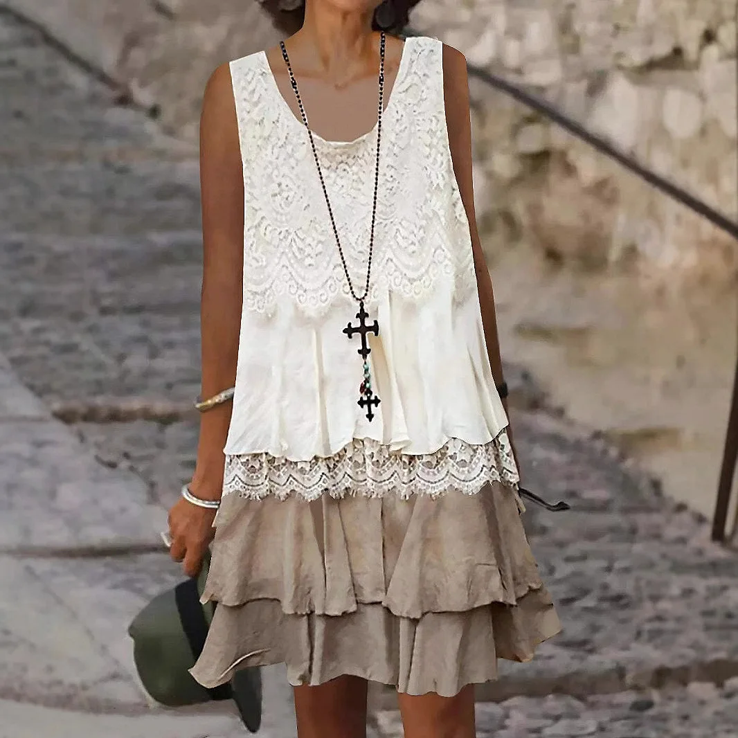 Lace splicing sleeveless dress vacation skirt high-end fashion simple luxury temperament elegant high-end party dress
Lace splicing sleeveless dress vacation skirt high-end fashion simple luxury temperament elegant high-end party dress
