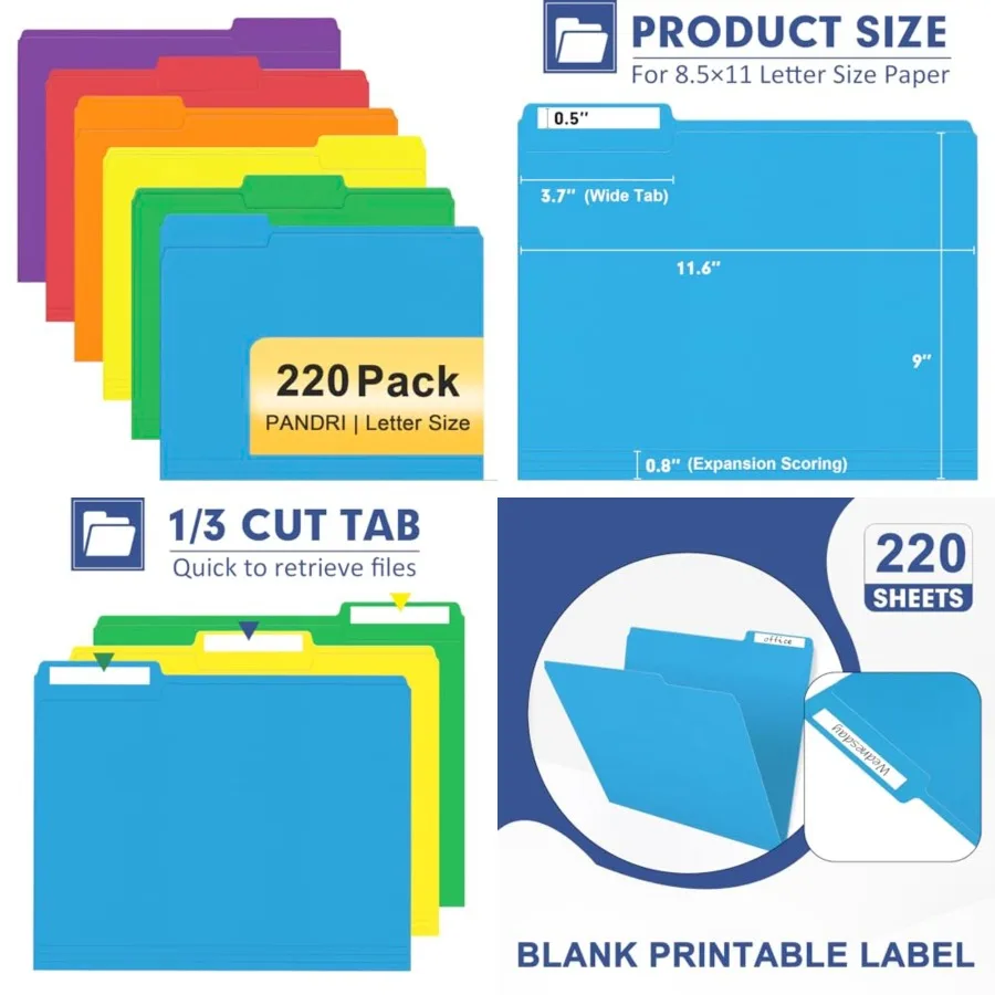 File Folder, 220 Pack Colored File Folder, 1/3 Cut Tabs, Letter Size, Assorted 6 Colors Filing Folder for Office School Busines
File Folder, 220 Pack Colored File Folder, 1/3 Cut Tabs, Letter Size, Assorted 6 Colors Filing Folder for Office School Busines