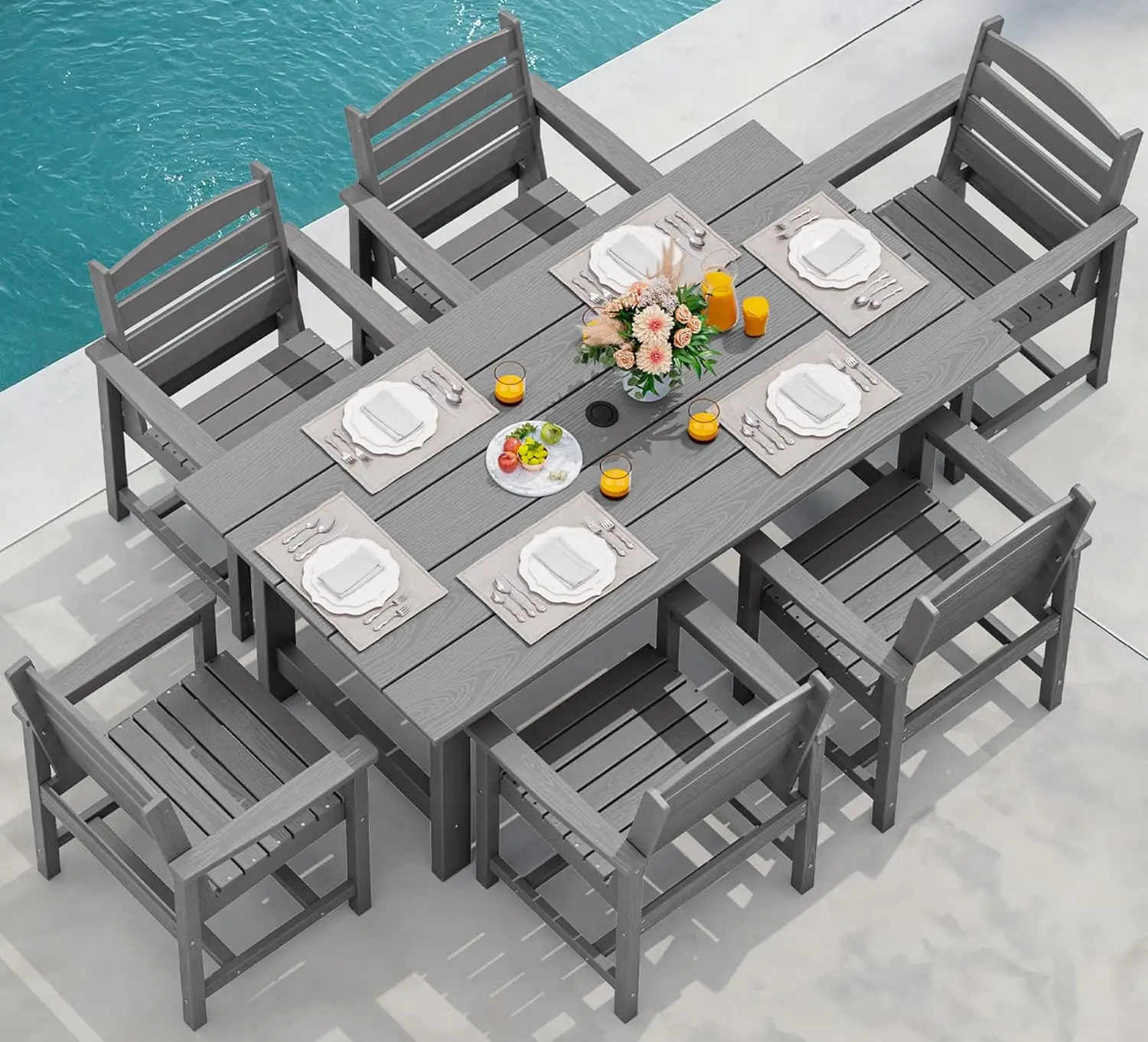 Outdoor Dining Table Set, 7-Piece Outdoor Dining Table Sets with Umbrella Hole Cut-Out Table and 6 Chairs, Gray
Outdoor Dining Table Set, 7-Piece Outdoor Dining Table Sets with Umbrella Hole Cut-Out Table and 6 Chairs, Gray