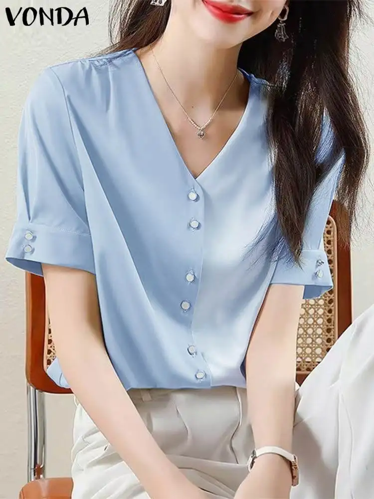 VONDA Summer Tops Elegant Shirts 2024 Women Short Sleeve V-Neck Tunic Casual Buttons Blouse Color Patchwork Blusas Femininas
VONDA Summer Tops Elegant Shirts 2024 Women Short Sleeve V-Neck Tunic Casual Buttons Blouse Color Patchwork Blusas Femininas