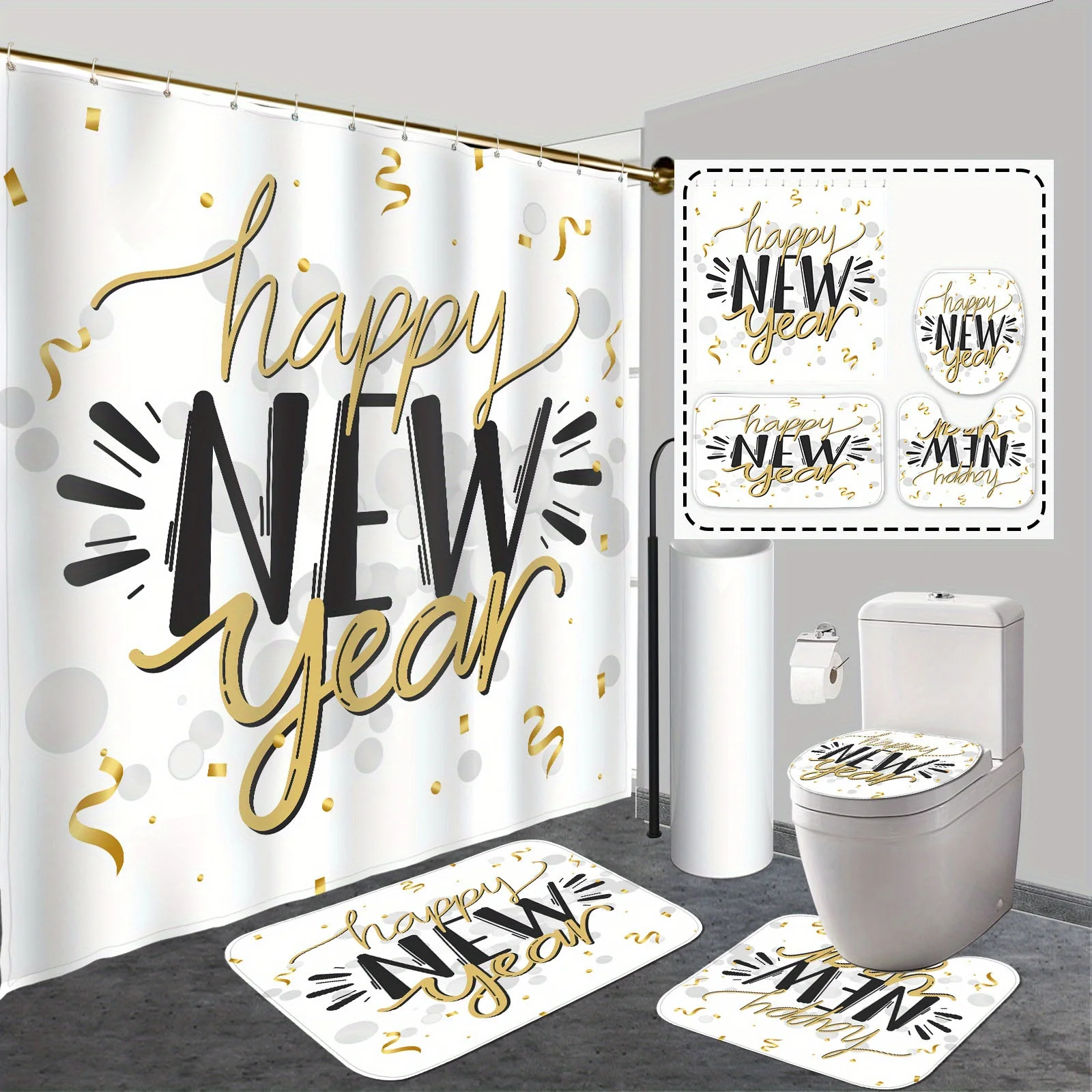 Набор для ванной комнаты «С Новым годом» из 4 предметов — водонепроницаемая занавеска для душа из полиэстера с 12 крючками, нескользящим ковриком и чехлом на сиденье унитаза
Набор для ванной комнаты «С Новым годом» из 4 предметов — водонепроницаемая занавеска для душа из полиэстера с 12 крючками, нескользящим ковриком и чехлом на сиденье унитаза