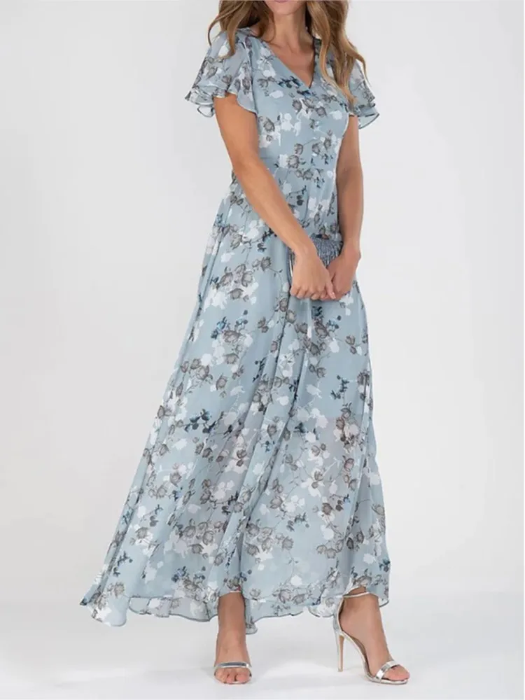 Elegant New Chiffon Floral Beach Long Dress Short Sleeved Summer Women's Fashionable Ruffle Edge Sexy V-neck Cinched Loose Dress
Elegant New Chiffon Floral Beach Long Dress Short Sleeved Summer Women's Fashionable Ruffle Edge Sexy V-neck Cinched Loose Dress