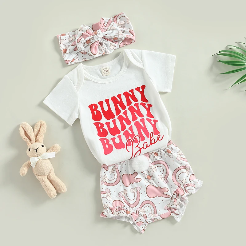 Easter Toddler Girls Outfits Set Short Sleeve Crew Neck Romper Rabbit Floral Print Shorts Bow Headband 3Pcs Suit Letter Print
Easter Toddler Girls Outfits Set Short Sleeve Crew Neck Romper Rabbit Floral Print Shorts Bow Headband 3Pcs Suit Letter Print