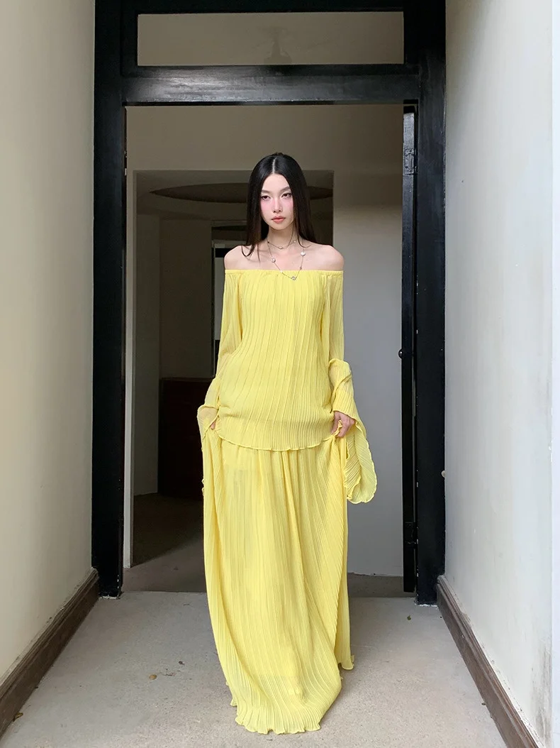 Mipaiyi Yellow Long Sleeve One Shoulder Top Floor Length Skirt Set Women Summer Thin Design Sense Two Piece Set Hanfu
Mipaiyi Yellow Long Sleeve One Shoulder Top Floor Length Skirt Set Women Summer Thin Design Sense Two Piece Set Hanfu