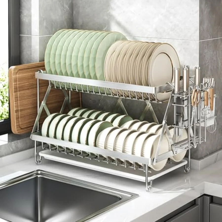 Dish Drying Rack 304 Stainless Steel Foldable 2 Tier with Hanging Rack for Kitchen Counter Dish Rack for Dishes Utensils Knives
Dish Drying Rack 304 Stainless Steel Foldable 2 Tier with Hanging Rack for Kitchen Counter Dish Rack for Dishes Utensils Knives