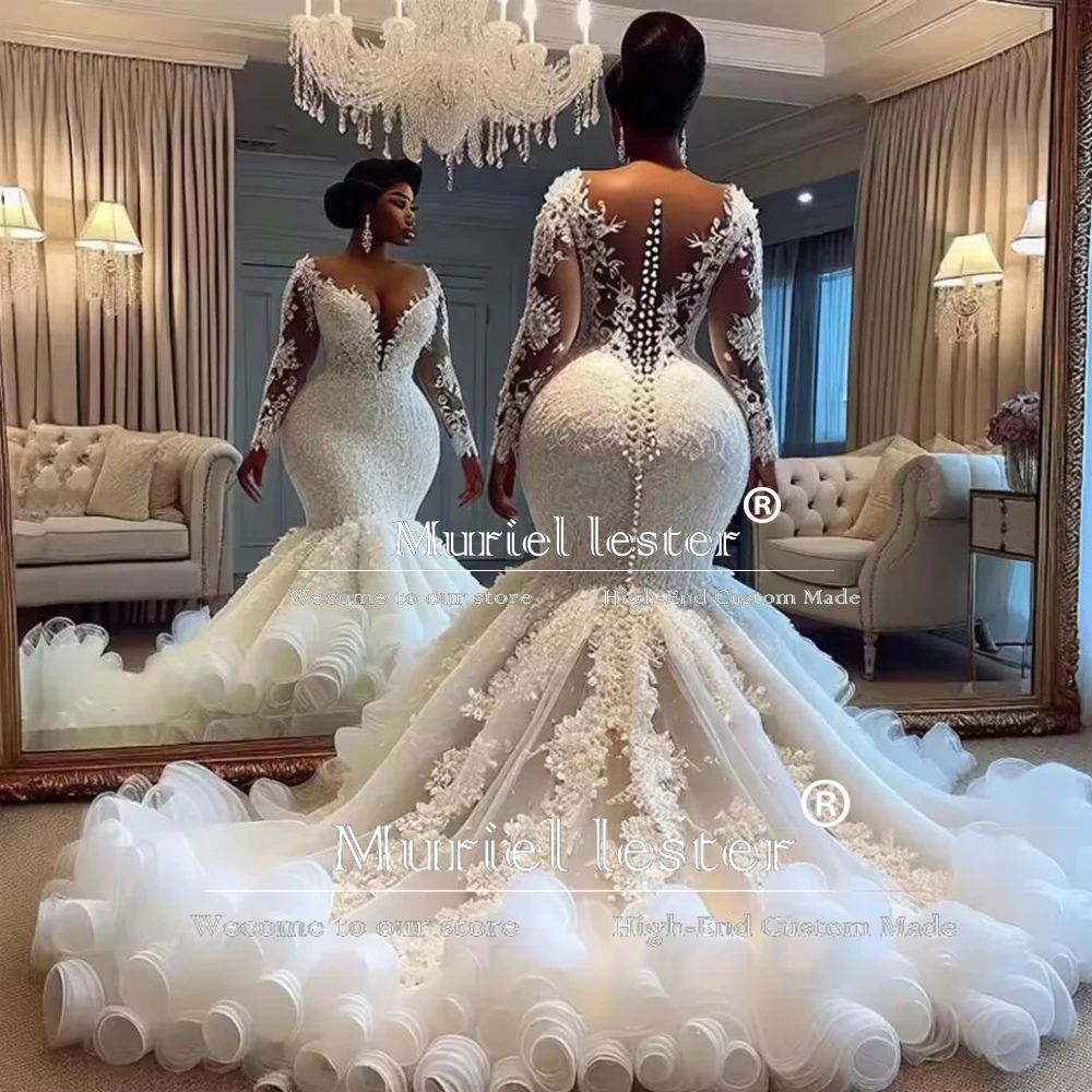Luxury V Neck Mermaid Wedding Dresses Skin Tulle Long Sleeves Ruffles Lace Appliques Bridal Gown Customized Bride Party Clothing
Luxury V Neck Mermaid Wedding Dresses Skin Tulle Long Sleeves Ruffles Lace Appliques Bridal Gown Customized Bride Party Clothing