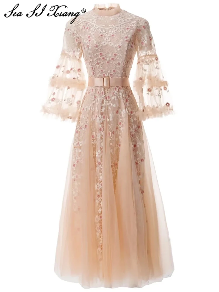 Seasixiang Fashion Designer Spring Summer Women Dress Flare Sleeve Gorgeous Mesh Flowers Embroidery Elegant Party Long Dresses
Seasixiang Fashion Designer Spring Summer Women Dress Flare Sleeve Gorgeous Mesh Flowers Embroidery Elegant Party Long Dresses