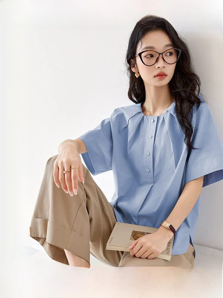 Blue round Neck Short Sleeve Women's Shirt Design Sensation Slimming Top Casual Style Pure Cotton Loose Fit Summer 2026
Blue round Neck Short Sleeve Women's Shirt Design Sensation Slimming Top Casual Style Pure Cotton Loose Fit Summer 2026