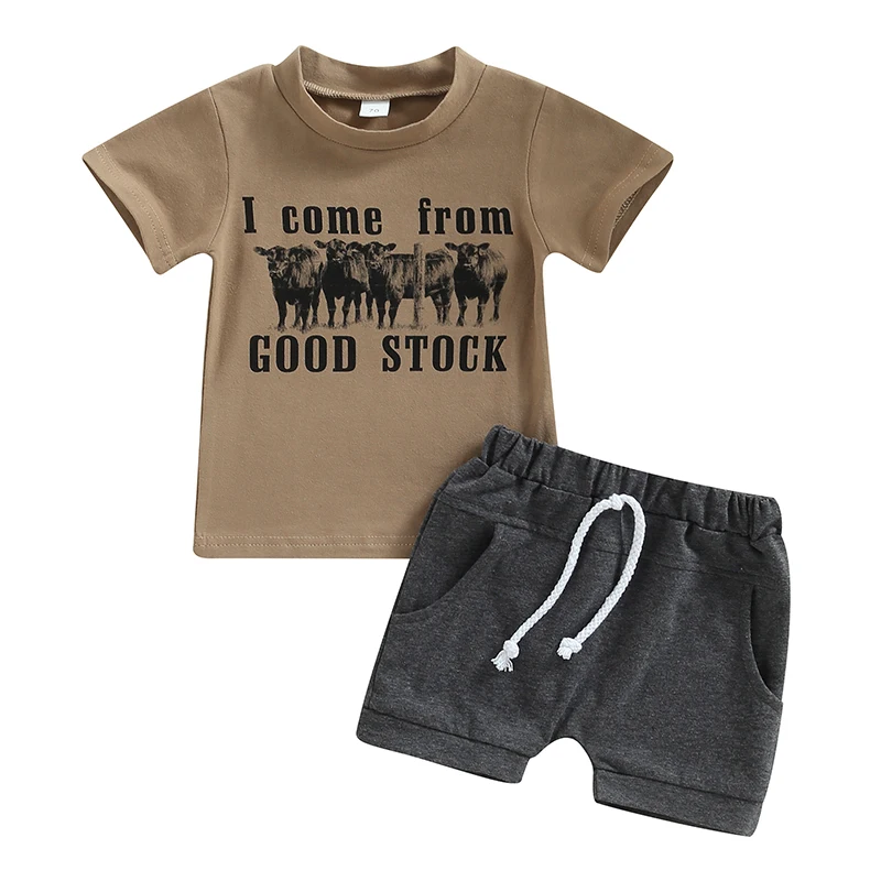 Outfits for Baby Boys 2Pcs Summer Tracksuit Round Neck Short Sleeve Cow Letter Print T-Shirt + Knot Front Shorts Clothing Set
Outfits for Baby Boys 2Pcs Summer Tracksuit Round Neck Short Sleeve Cow Letter Print T-Shirt + Knot Front Shorts Clothing Set