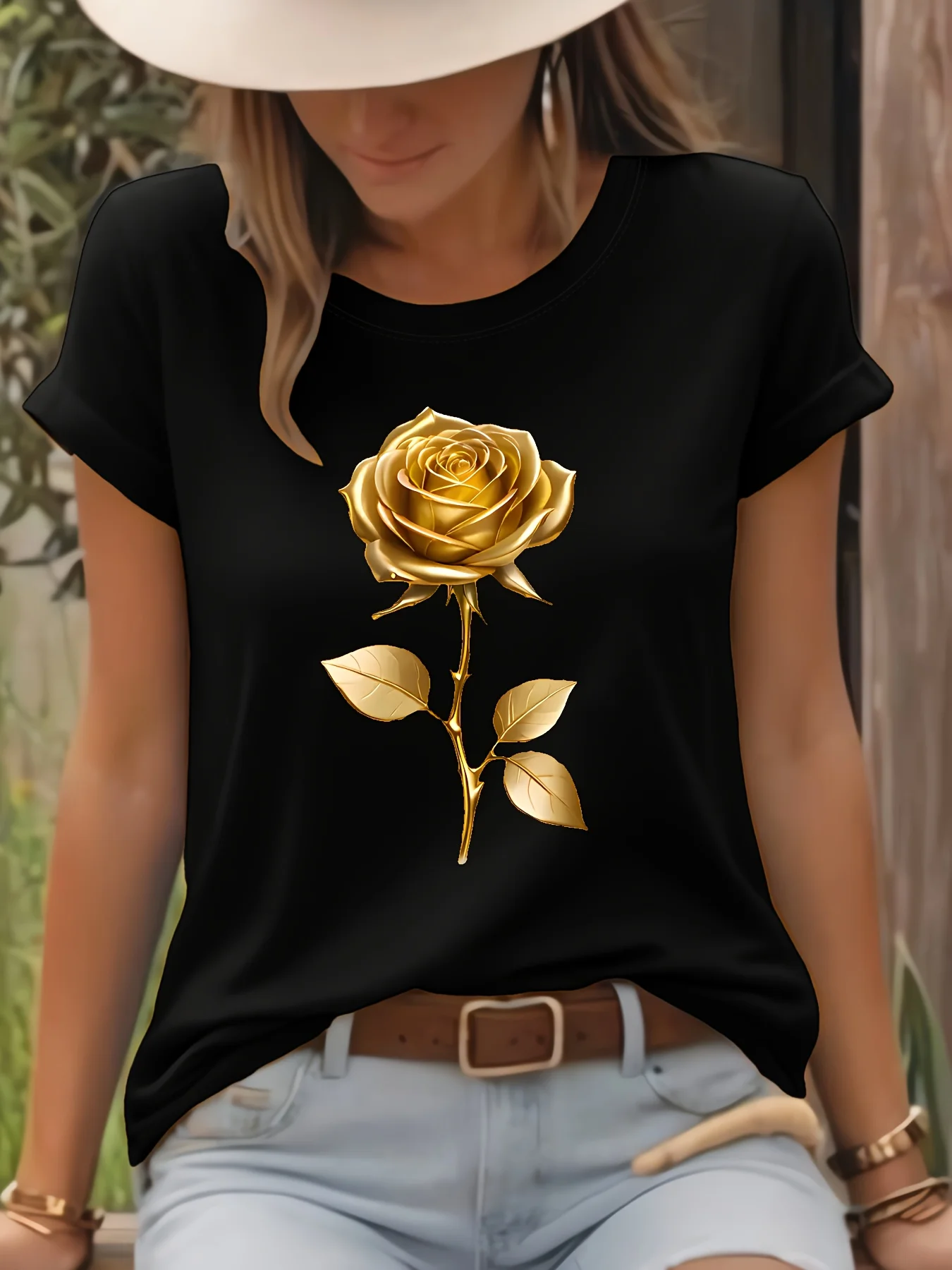 Camiseta Con Estampado De Rosas Doradas Top Casual De Manga Corta Y Cuello Redondo Para Mujer Ideal Para Primavera Y Verano
Camiseta Con Estampado De Rosas Doradas Top Casual De Manga Corta Y Cuello Redondo Para Mujer Ideal Para Primavera Y Verano