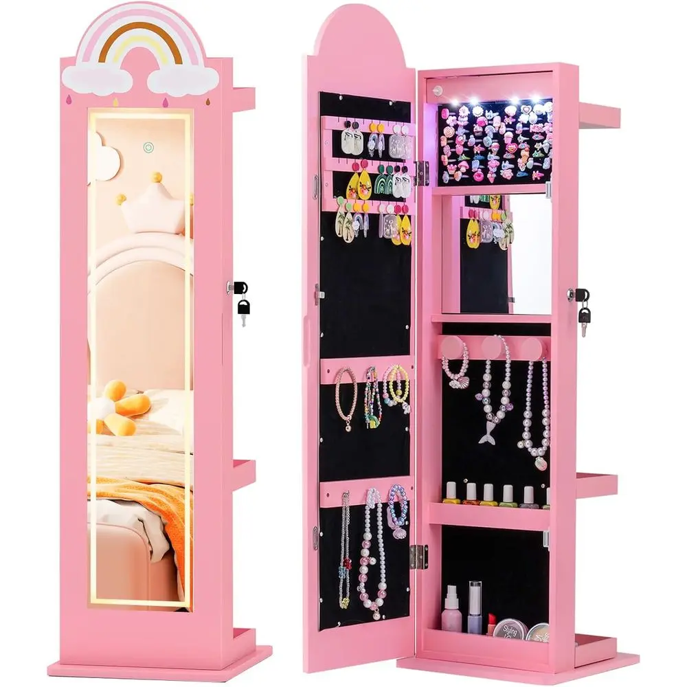 Pink Lockable LED-lit Kids' Wardrobe Cabinet with Full-Length Mirror, Rack, and Storage Shelves
Pink Lockable LED-lit Kids' Wardrobe Cabinet with Full-Length Mirror, Rack, and Storage Shelves
