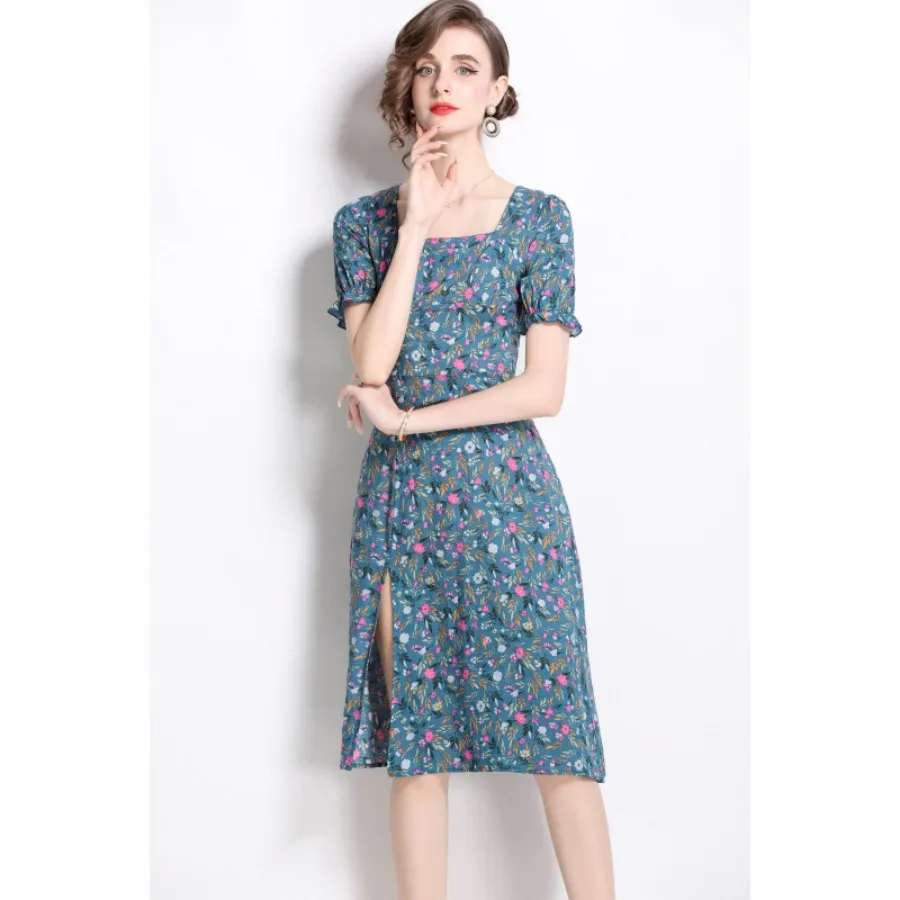 【New style】 summer new square collar short-sleeved women's print split slim dress
【New style】 summer new square collar short-sleeved women's print split slim dress