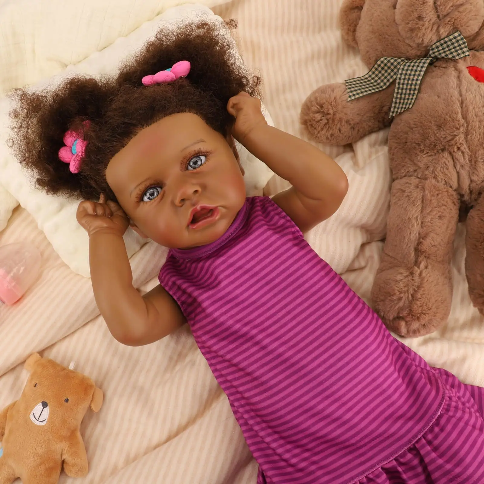 22 Inch Black Vinyl Reborn Baby Doll Toy, Collector's Edition, Purple Dress, Cute Expression, Realistic Skin& Color Box
22 Inch Black Vinyl Reborn Baby Doll Toy, Collector's Edition, Purple Dress, Cute Expression, Realistic Skin& Color Box