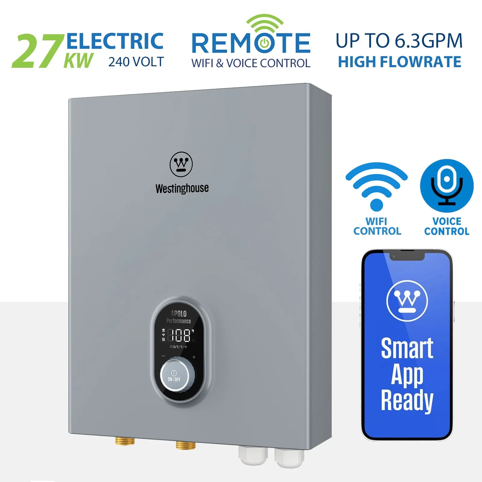 Tankless Water Heater Electric - 27kW 6.3GPM Voice Control Instant
Tankless Water Heater Electric - 27kW 6.3GPM Voice Control Instant