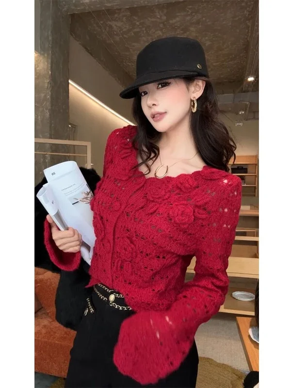Ретро-красный вязаный свитер женский приталенный с 3D цветами, новогодний, для повседневной носки, корейская версия, с длинными рукавами
Ретро-красный вязаный свитер женский приталенный с 3D цветами, новогодний, для повседневной носки, корейская версия, с длинными рукавами
