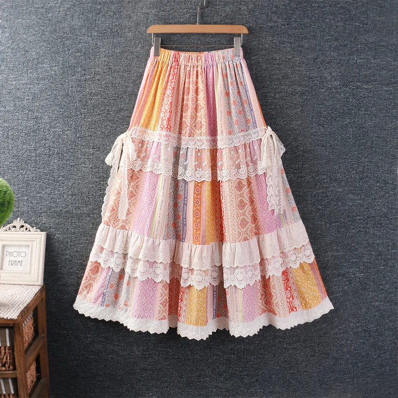 Sweet Mori Girl Vintage Floral Printed Lace Patchwork Ruffled Skirts Women Summer Elastic Waist Casual Loose A-Line Midi Skirts
Sweet Mori Girl Vintage Floral Printed Lace Patchwork Ruffled Skirts Women Summer Elastic Waist Casual Loose A-Line Midi Skirts