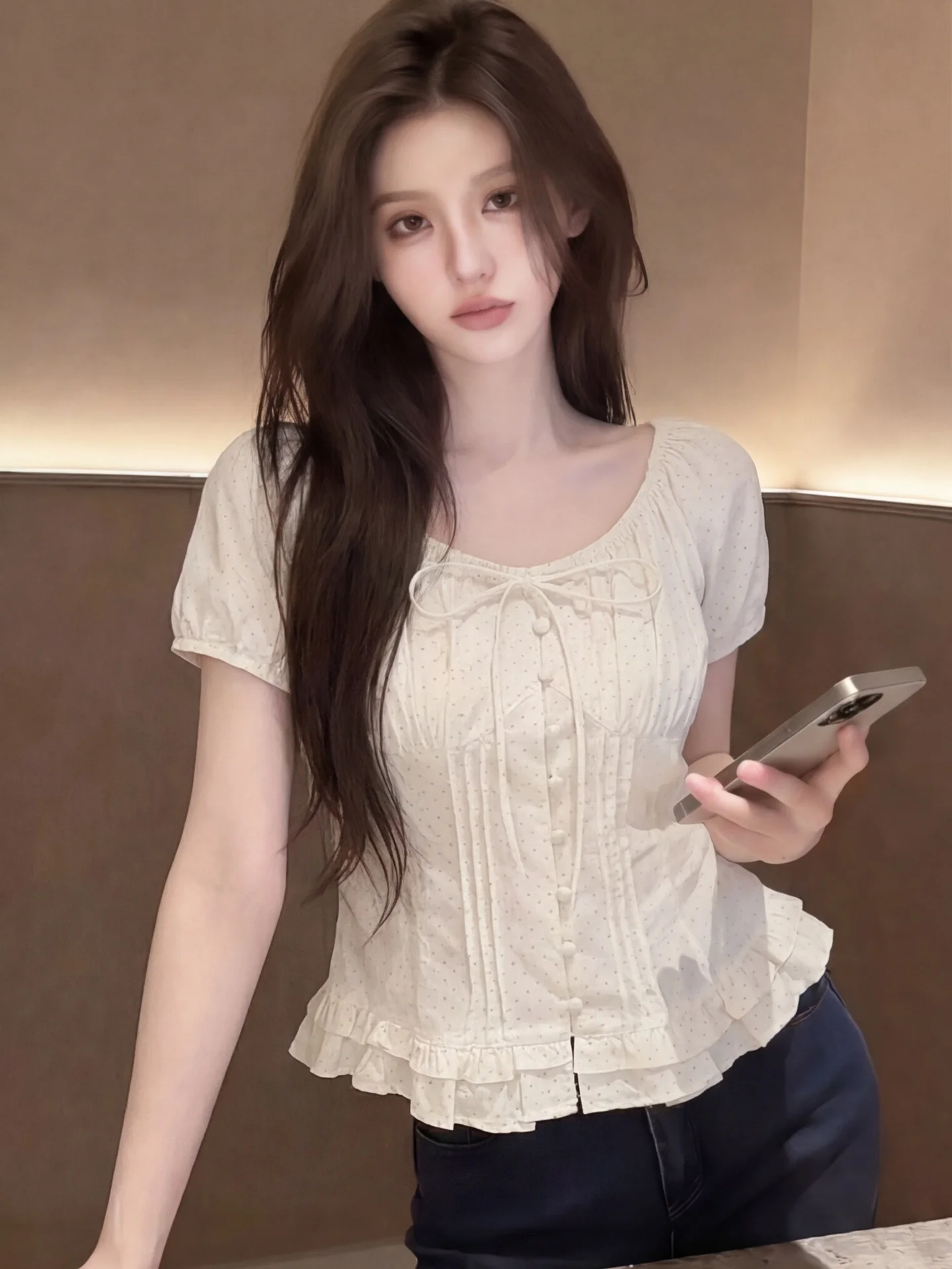 Chic Unique Pleated Polka Dot Shirt Women Summer Korean Sweet Cute Doll Shirt Wooden Shoulder Top Cotton Polyester Blend
Chic Unique Pleated Polka Dot Shirt Women Summer Korean Sweet Cute Doll Shirt Wooden Shoulder Top Cotton Polyester Blend
