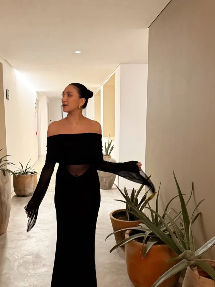 Black Sheer Mesh Maxi Dress Women Off-shoulder Chic Long Flared Sleeve See Through Robes 2026 Lady Vacation Date Vestidos
Black Sheer Mesh Maxi Dress Women Off-shoulder Chic Long Flared Sleeve See Through Robes 2026 Lady Vacation Date Vestidos