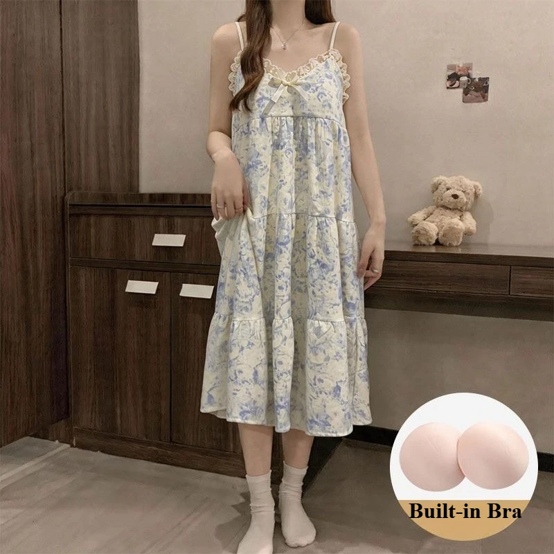 Korean Cloud Cotton Nightgown with Chest Pad Women Summer Print Lace Trim Ruffle Hem Sweet Pajamas Dress Floral Sling Loungewear
Korean Cloud Cotton Nightgown with Chest Pad Women Summer Print Lace Trim Ruffle Hem Sweet Pajamas Dress Floral Sling Loungewear