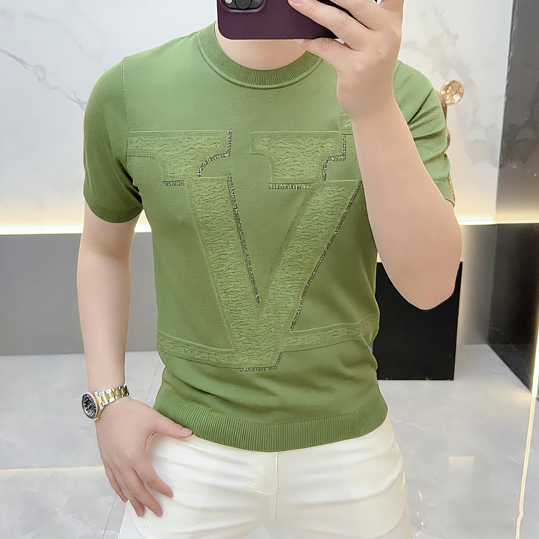 Luxury Rhinestone Knitted T-shirt for Men Round Neck Ice Silk Knitted T-shirts Fashion Casual Business Streetwear T Shirt 2026
Luxury Rhinestone Knitted T-shirt for Men Round Neck Ice Silk Knitted T-shirts Fashion Casual Business Streetwear T Shirt 2026