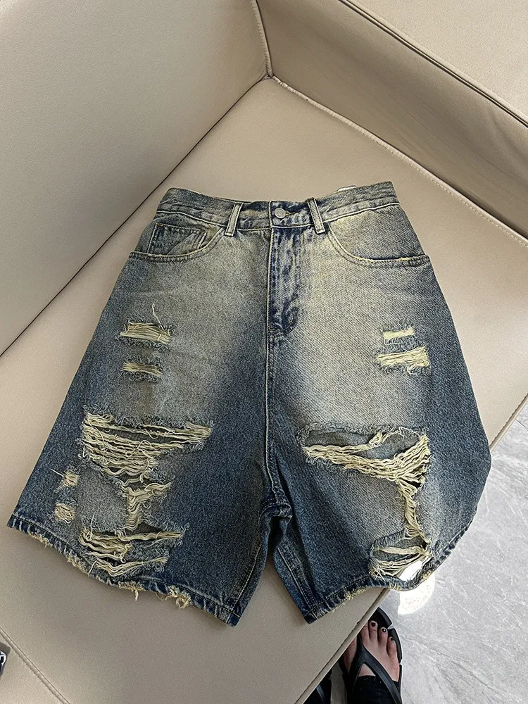 American Street Style Ripped Denim Shorts Summer New Casual Fashionable Loose Blue Washed Hollowed Out Women Knee-Length Jeans
American Street Style Ripped Denim Shorts Summer New Casual Fashionable Loose Blue Washed Hollowed Out Women Knee-Length Jeans