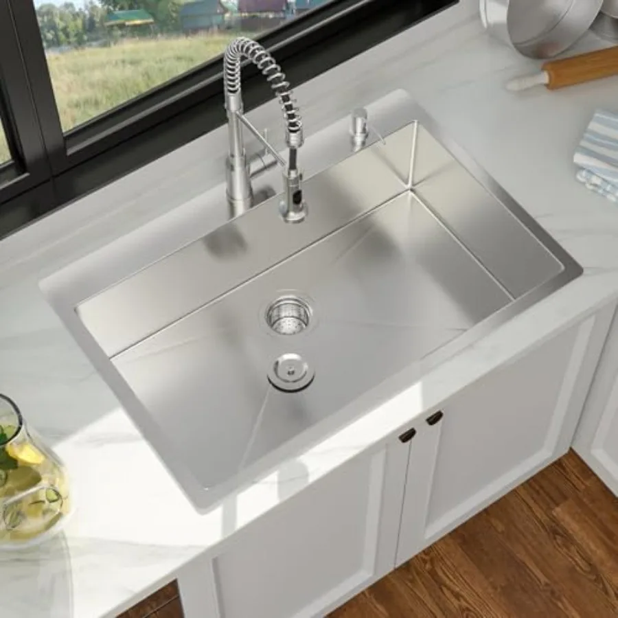 30 Inch Drop in Kitchen Sink 16 Gauge Stainless Steel Single Bowl Topmount Handmade Basin with Drain Assembly, 30"x22"x9"
30 Inch Drop in Kitchen Sink 16 Gauge Stainless Steel Single Bowl Topmount Handmade Basin with Drain Assembly, 30"x22"x9"