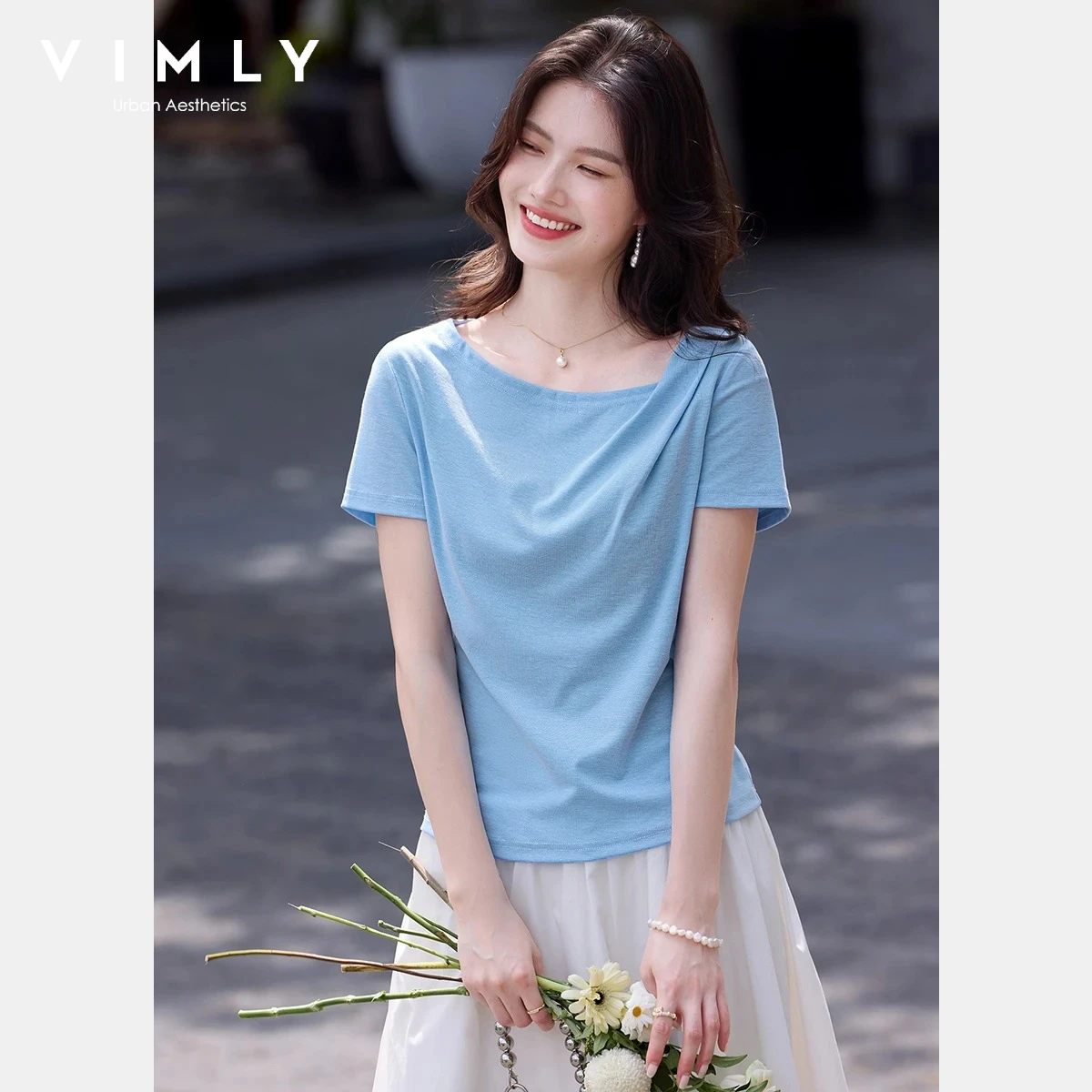 VIMLY Blue Simple O-Neck Short Sleeve T-shirt Women 2026 Asymmetrical Twist Detail Slim Solid Top Summer Female Clothing A6678
VIMLY Blue Simple O-Neck Short Sleeve T-shirt Women 2026 Asymmetrical Twist Detail Slim Solid Top Summer Female Clothing A6678