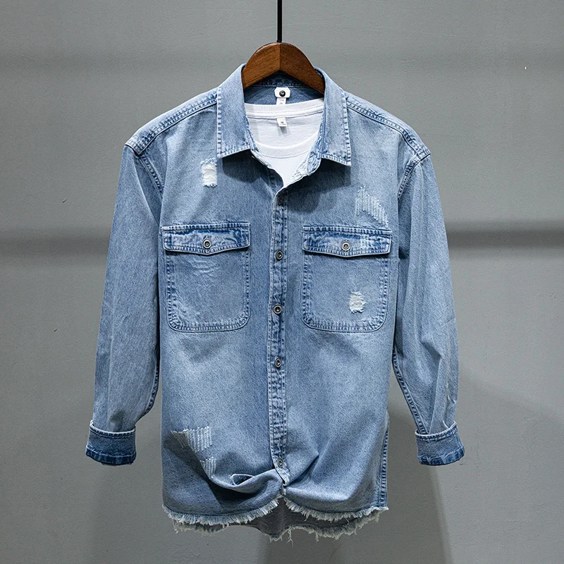 #7644 Black Blue Ripped Denim Shirt Men Long Sleeve Holes Vintage Shirt Pockets Outerwear Mens Shirts Loose Vintage Cotton 97%
#7644 Black Blue Ripped Denim Shirt Men Long Sleeve Holes Vintage Shirt Pockets Outerwear Mens Shirts Loose Vintage Cotton 97%