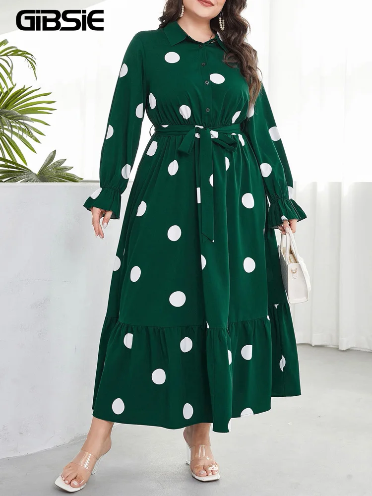 GIBSIE Plus Size Polka Dot Half Button Belted Shirt Dress Women 2026 Autumn Elegant High Waist Long Sleeve Ruffle Hem Maxi Dress
GIBSIE Plus Size Polka Dot Half Button Belted Shirt Dress Women 2026 Autumn Elegant High Waist Long Sleeve Ruffle Hem Maxi Dress