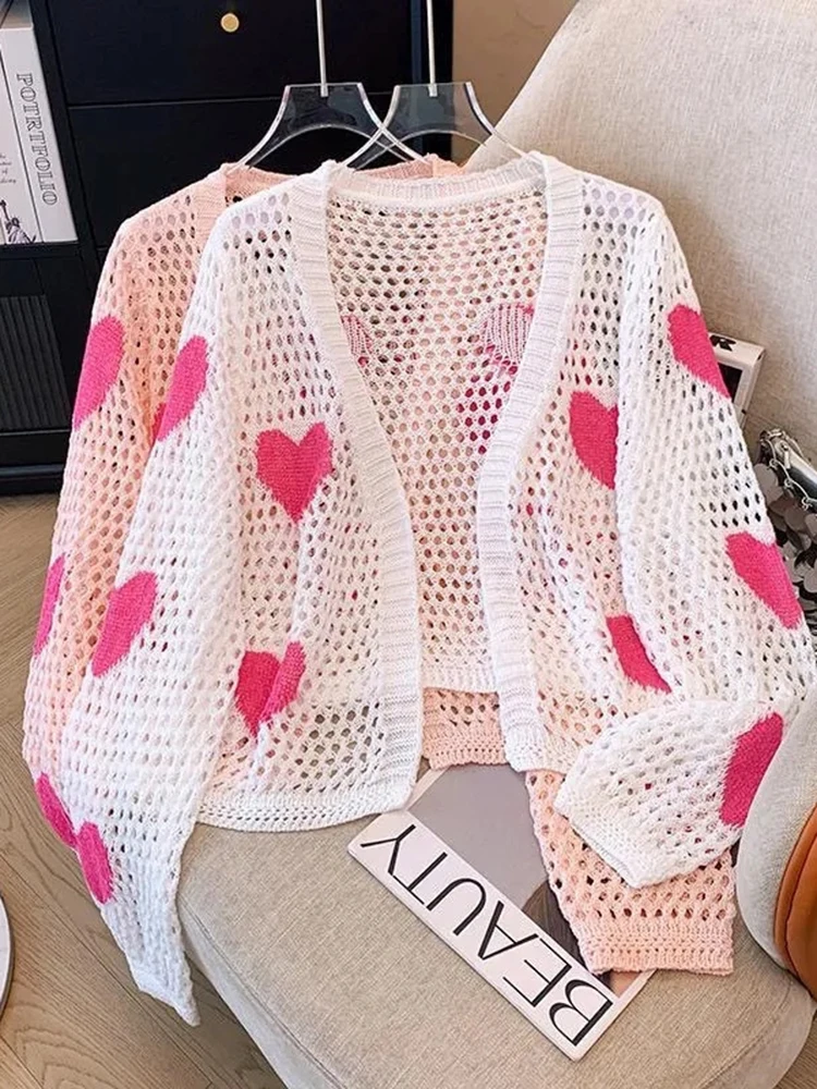 Women Heart Embroidery Hollow Out Knitted Cardigan 2025 Summer Thin Long Sleeve Sunscreen Cardigan Female Sweet Loose Tops
Women Heart Embroidery Hollow Out Knitted Cardigan 2025 Summer Thin Long Sleeve Sunscreen Cardigan Female Sweet Loose Tops