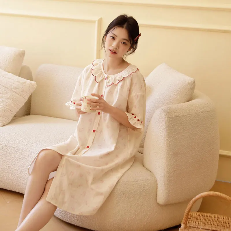 100% Cotton Gauze Nightgown, Print Sleep Dress, Ruffle Collar, Button Front, Breathable & Soft Loungewear, Short/Long Sleeve
100% Cotton Gauze Nightgown, Print Sleep Dress, Ruffle Collar, Button Front, Breathable & Soft Loungewear, Short/Long Sleeve