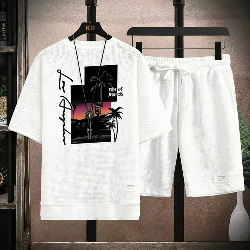 Vintage California Waffle Tracksuit Men LA City Palm Tree Graphic T-Shirt And Shorts Set Fashion Outfit 2026
Vintage California Waffle Tracksuit Men LA City Palm Tree Graphic T-Shirt And Shorts Set Fashion Outfit 2026