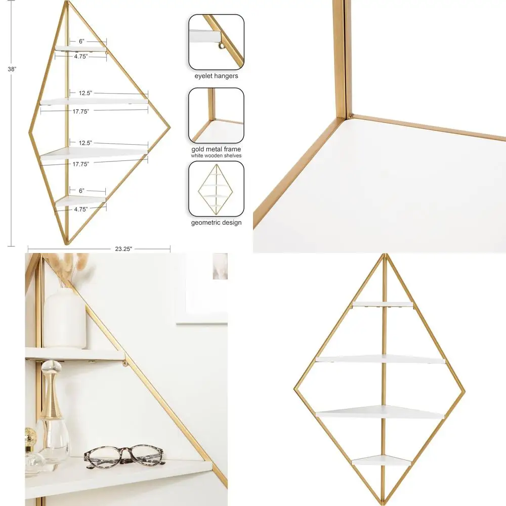 Elegant Floating Shelves: 24 x 17 x 38, White & Gold, Chic Geometric Design
Elegant Floating Shelves: 24 x 17 x 38, White & Gold, Chic Geometric Design