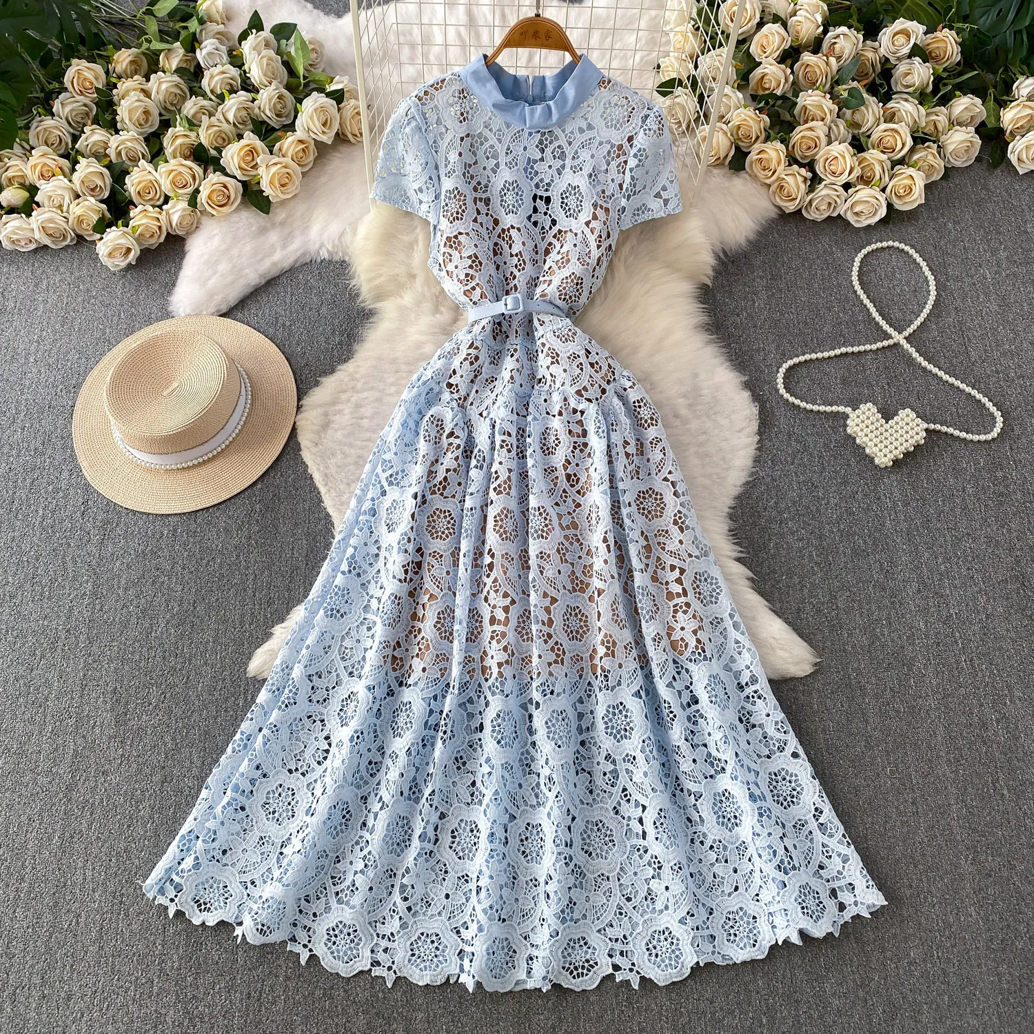 Elegant Hollow Out Crochet Lace Midi Dress for Women White Peter Pan Collar Short Sleeve Belted A-Line Casual Summer Party Dress
Elegant Hollow Out Crochet Lace Midi Dress for Women White Peter Pan Collar Short Sleeve Belted A-Line Casual Summer Party Dress
