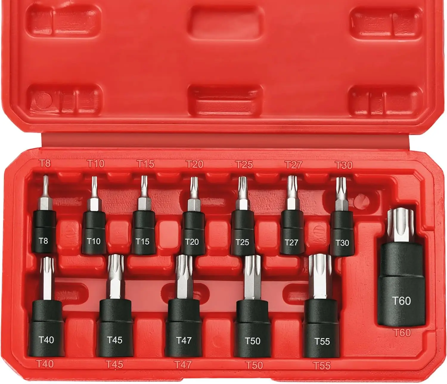 13-Piece Torx Bit Socket Set, 1/4", 3/8", 1/2" Drive T8-T60 Star Socket Set, S2 Steel & CR-V Sockets with Storage Case
13-Piece Torx Bit Socket Set, 1/4", 3/8", 1/2" Drive T8-T60 Star Socket Set, S2 Steel & CR-V Sockets with Storage Case