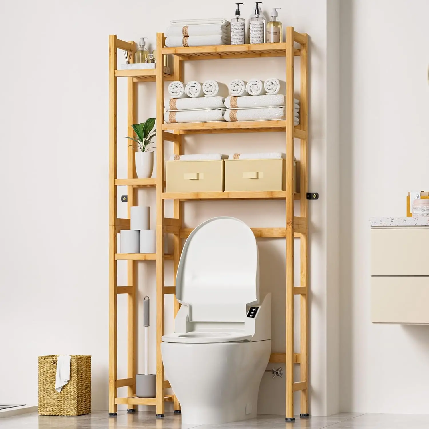 Over The Toilet Storage With Basket And Drawer, Bamboo Bathroom Organizer With Adjustable Shelf & Waterproof Feet Pad, Space
Over The Toilet Storage With Basket And Drawer, Bamboo Bathroom Organizer With Adjustable Shelf & Waterproof Feet Pad, Space
