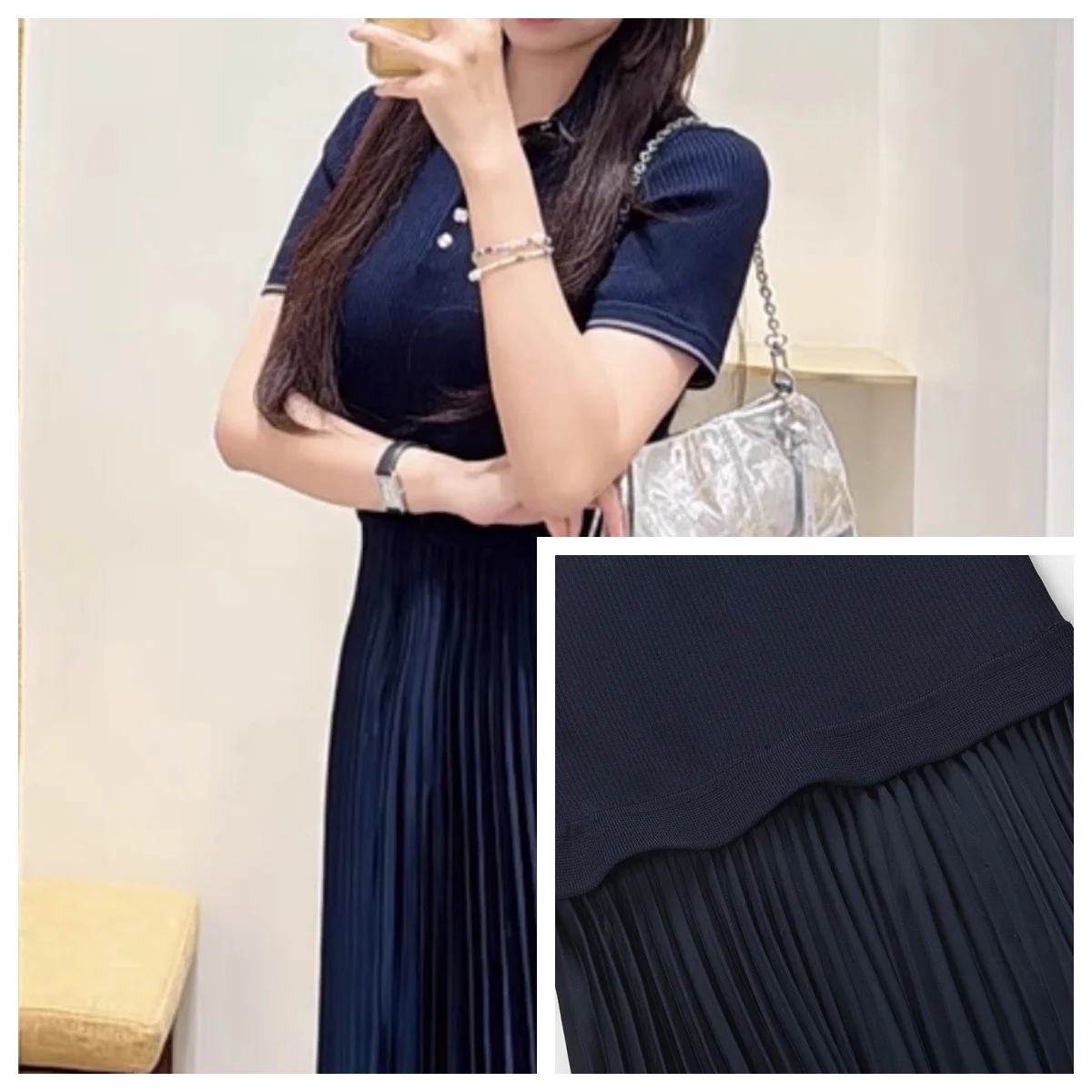 Woman lapel black knitted dress patchwork casual short sleeve evening party midi robe
Woman lapel black knitted dress patchwork casual short sleeve evening party midi robe