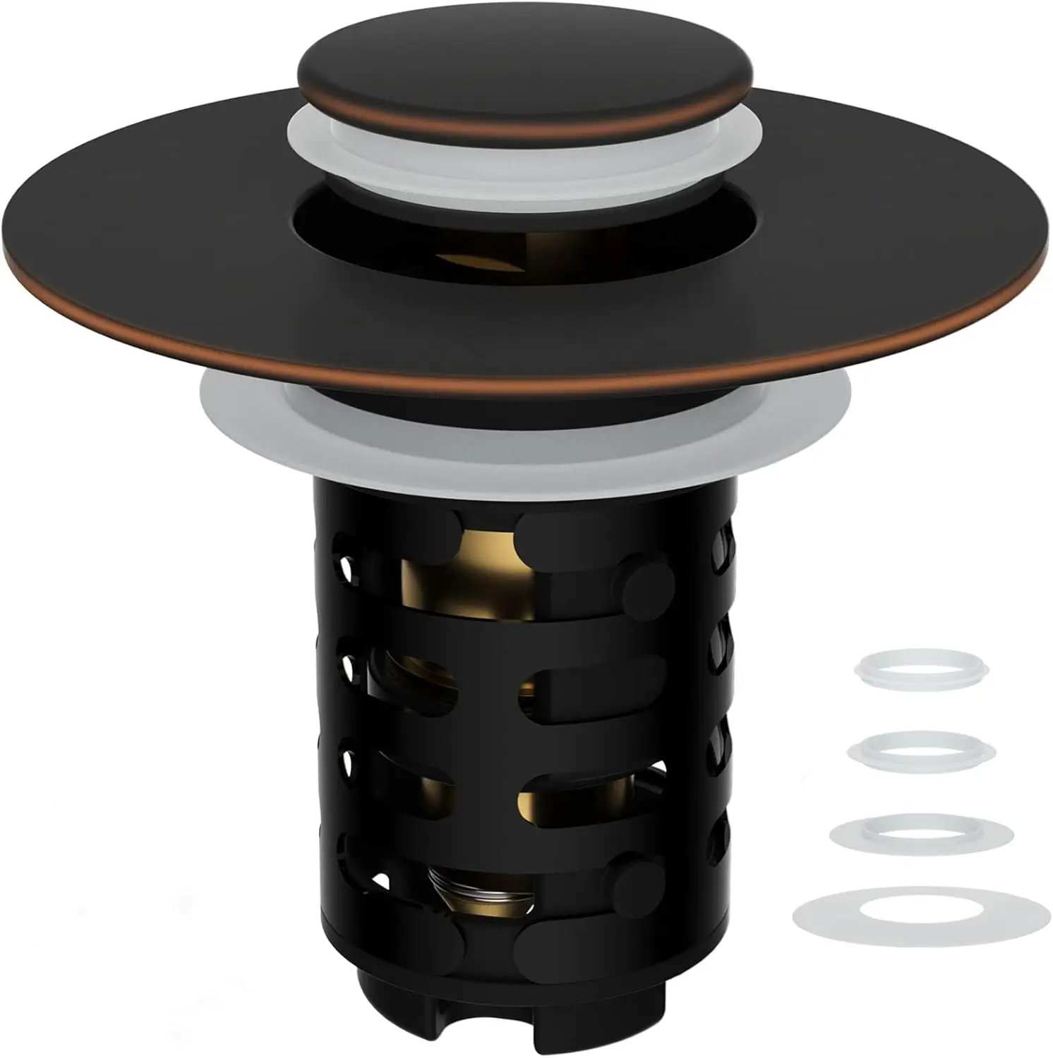 4-in-1 Pop Up Sink Stopper with Hair Catcher, Universal Fit 1.1-2.36 inch Drains, Oil Rubbed Bronze
4-in-1 Pop Up Sink Stopper with Hair Catcher, Universal Fit 1.1-2.36 inch Drains, Oil Rubbed Bronze