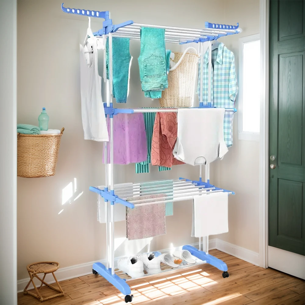 Clothes Drying Rack 4-Tier Foldable Drying Rack Clothing Movable Drying Rack with 4 Castors, 24 Drying Poles and 14 Hooks
Clothes Drying Rack 4-Tier Foldable Drying Rack Clothing Movable Drying Rack with 4 Castors, 24 Drying Poles and 14 Hooks
