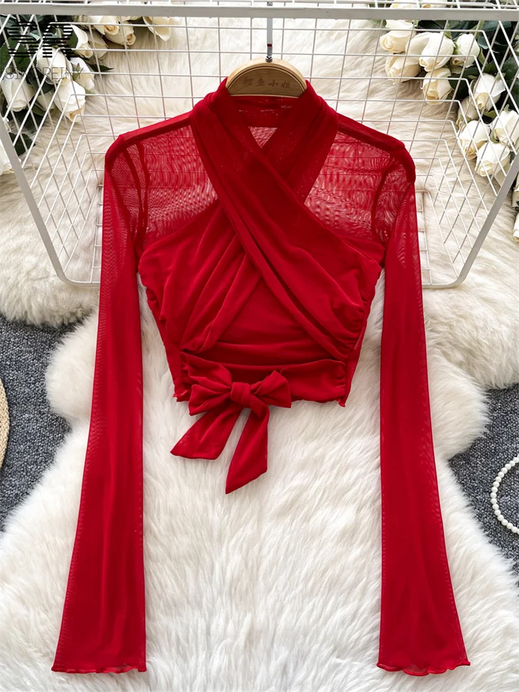 Sexy Bow Design Tops Long Sleeve Halter Shirt Streetwear Summer New Solid Mesh Criss Cross Sheer Basics Cropped Blouse
Sexy Bow Design Tops Long Sleeve Halter Shirt Streetwear Summer New Solid Mesh Criss Cross Sheer Basics Cropped Blouse
